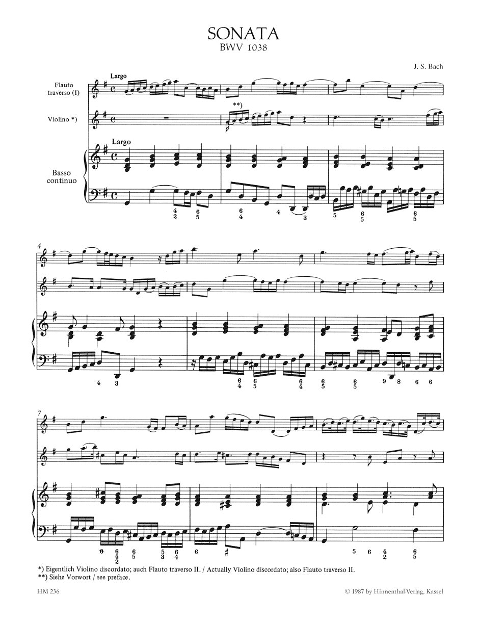 Bach, J.S.: Triosonate for flute, violin and Basso Continuo (keyboard & optional cello) Barenreiter