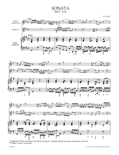 Bach, J.S.: Triosonate for flute, violin and Basso Continuo (keyboard & optional cello) Barenreiter
