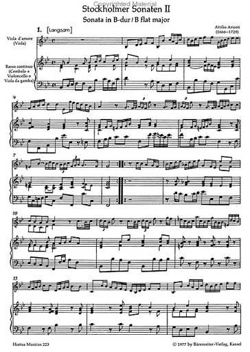 Ariosti, Attilio: Six Sonatas 'Stockholmer Sonatas' Volume 2 fur Viola (Viola d'amore) and Bc B-flat major, G minor, A minor, Barenreiter
