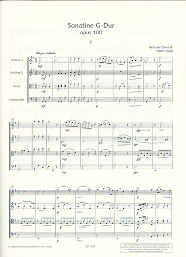 Dvorak, Antonin : Sonatine for String Quartet, Op. 100 score and parts