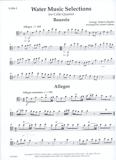 Handel, G.F. (Latham): Selections from the Water Music (4 cellos) score & parts