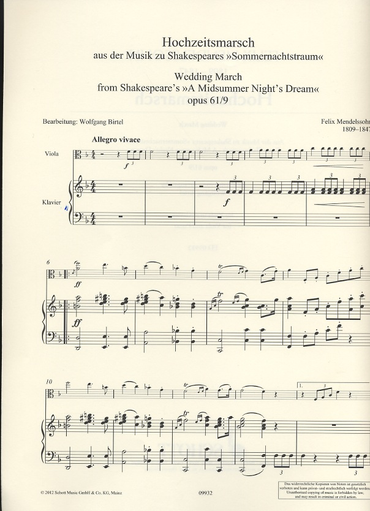 Mendelssohn, F. (Birtel, arr.):  Wedding March from ''A Midsummer Night's Dream'', Op. 61 No. 9 (viola and piano)