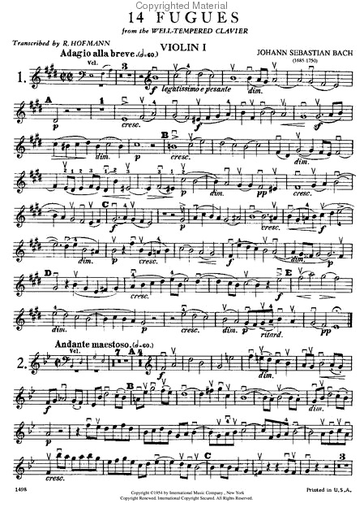 Bach, J.S.: 14 Fugues from the Well-Tempered Clavier, Volume I  For string quartet (set of parts)