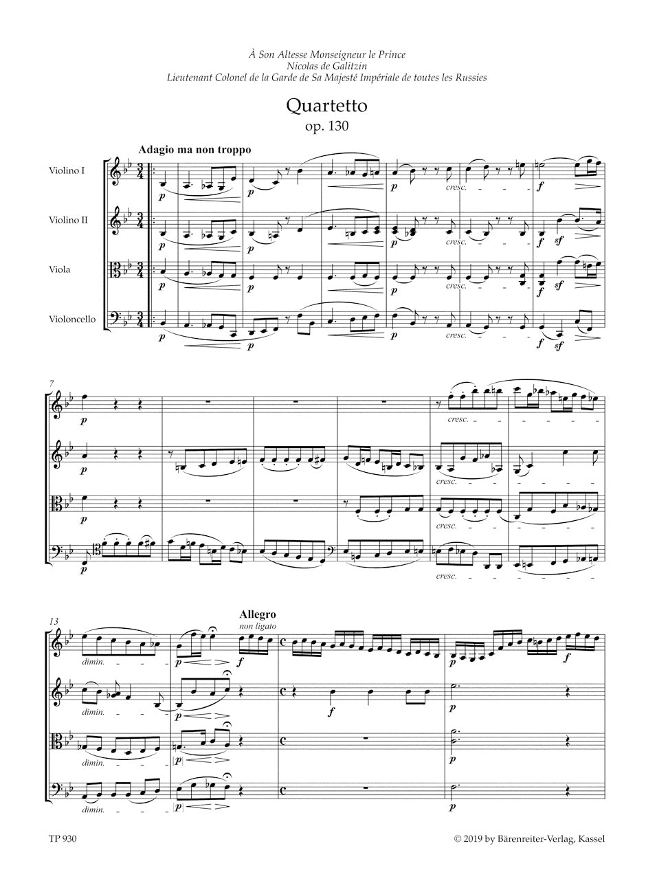 Beethoven (Del Mar): String Quartet, Op. 130, Urtext (study score) Barenreiter