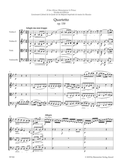 Beethoven (Del Mar): String Quartet, Op. 130, Urtext (study score) Barenreiter