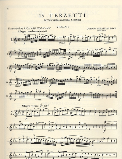 Bach, J.S.: 15 Three-Part Inventions-Terzetti (2 violins & cello)