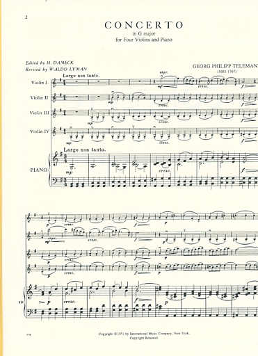 Telemann, G.P.: Concerto in G major, score & parts (4 violins) IMC