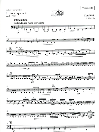 Weill, K.: String Quartet No. 1, Op.8 (2 violins, viola, and cello)