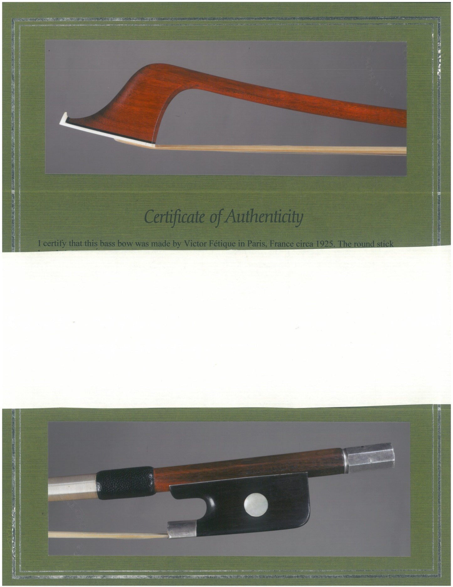 Victor Fetique French bass bow, silver-mounted, 128 g, Paris, Salchow certificate