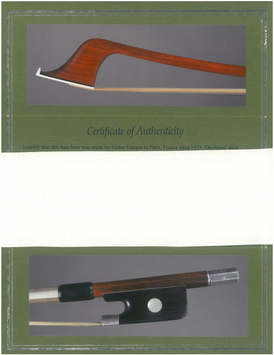 Victor Fetique French bass bow, silver-mounted, 128 g, Paris, Salchow certificate