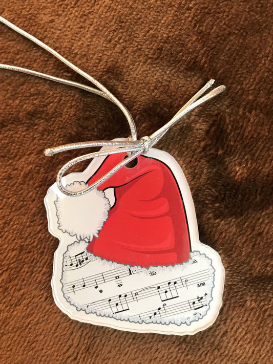 Ornament, Santa hat with music, and mirror finish on back