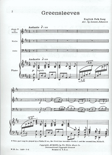 Johanson, L.: Greensleeves (2 violins, cello, piano) or (flute, violin, cello, piano)