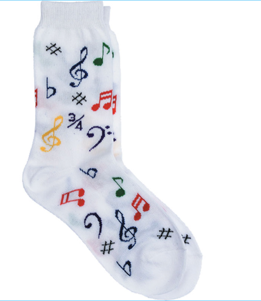 White socks with multi-colored notes (kids size 7 1/2-9)