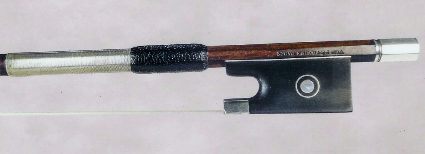 Victor Fetique violin bow, ca. 1930, silver-mounted round stick, w/ Paul Childs Certificate