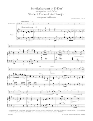 Seitz, Friedrich: Student concerto in D major Op. 22 (cello & piano) Barenreiter