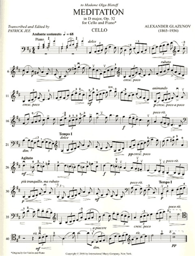 Glazunov, Alexander: Meditation in D major, Op. 32 (cello & piano)