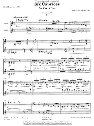 Ranjbaran, Behzad: Six Caprices (2 violins)