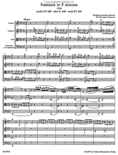 Mozart, W.A. (Hogwood): (Score) Fantasia in F minor for strings (1799) - after KV608 (string orchestra)