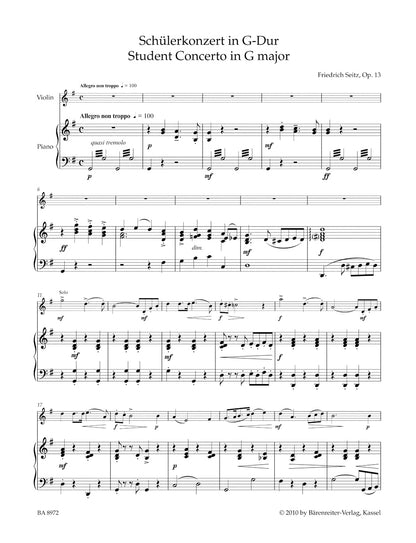 Seitz, F.: Student Concerto No. 2, Op. 13 in G Major (violin & piano) Barenreiter