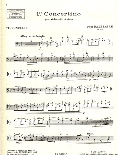 Bazelaire: First Concertino, Op. 126 from Deux Concertinos (cello & piano)