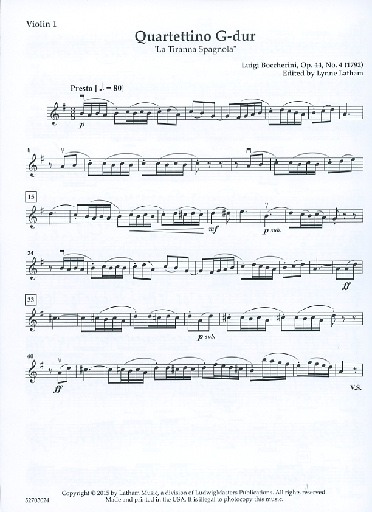 Boccherini, L. (Latham): Quartettino in G Major, "La Tiranna Spagnola", Op. 44, No. 4 (2 violins, viola, cello, and score)