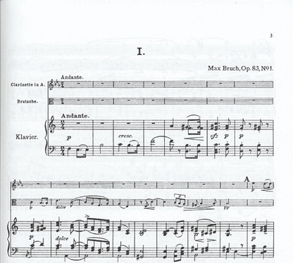Bruch, Max: Eight Pieces Op.83 V.1 (clarinet, viola, piano) or (violin, cello, piano)