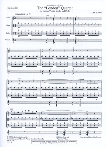 Torok, Alan: London Quartet (guitar, violin, viola, cello) score and parts