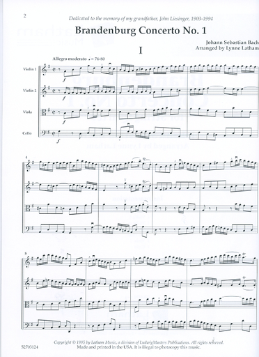 Bach, J.S. (Latham): Brandenburg Concerto No. 1 (string quartet, score & parts with optional violin 3 part)