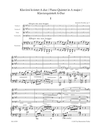 Dvorak, Antonin: Quintet in A major, Op. 5 (2 violins, viola, cello, piano) Barenreiter