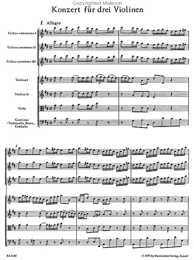 Bach, J.S. (Fischer): (Score) Concerto in D Major, Reconstructed from BWV1064 (three violins, string orchestra, & basso continuo) Barenreiter