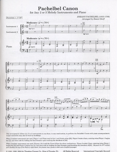 Pachelbel, Johann (Dorff): Canon (2 or 3 melody instruments in C, Bb, Eb, F, viola, bass)