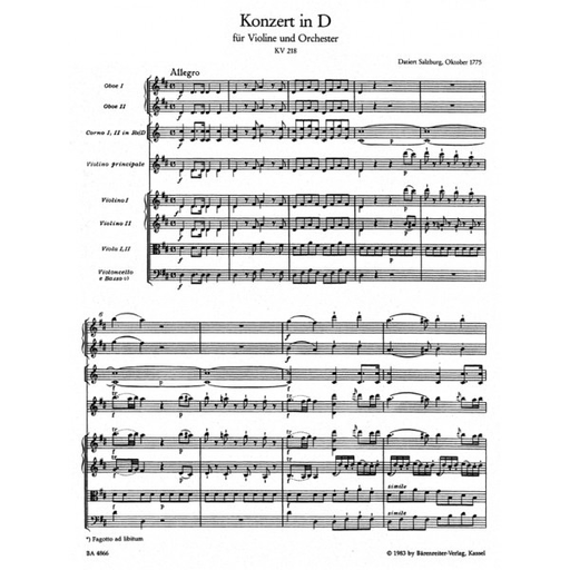 Mozart, W.A. (Mahling): (Score) Concerto in D Major for Violin and Orchestra, No.4, KV 218 urtext (violin, and orchestra) Barenreiter