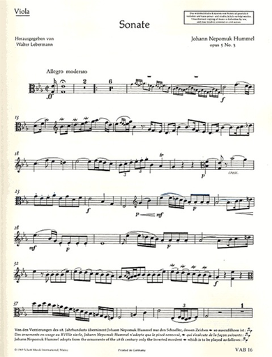 Hummel, J.N.: Viola Sonata in E flat, Op. 5 No. 3
