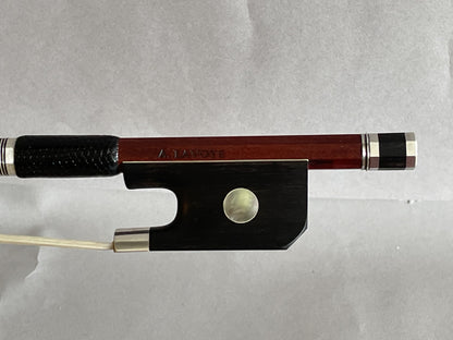 Andre LAVOYE cello bow, round Pernambuco stick, ebony & silver mounted with angled heel, Montreal, Quebec, 80.6g
