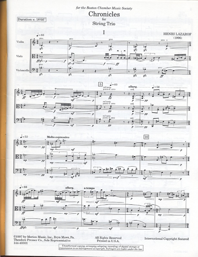 Lazarof, Henri: Chronicles (violin, viola, cello) score & parts