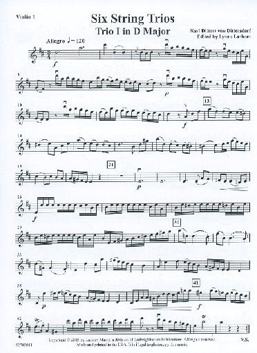 von Dittersdorf, K.D. (Latham): 6 String Trios, Trio 1 in D Major (score and parts, with optional viola for 2nd violin part)