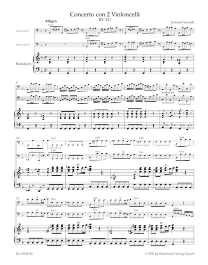 Vivaldi, A. (Schwemer): Concerto in G minor REV 531, for two cellos, (piano reduction), Barenreiter