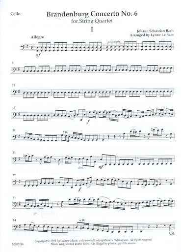 Bach, J.S. (Latham): Brandenburg Concerto No. 6 arranged for string quartet (score & parts)