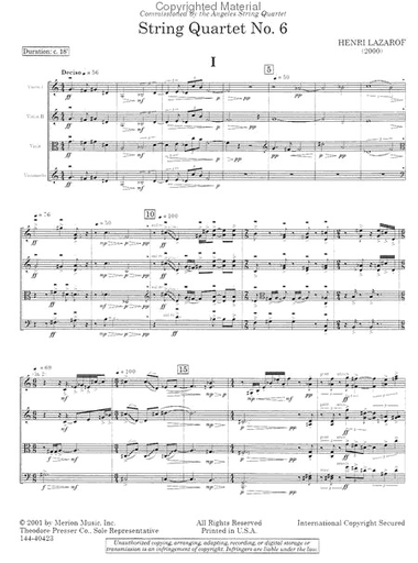 Lazarof, Henri: String Quartet No. 6, score and parts