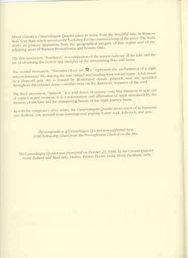 Glinsky, Albert: Canandaigua Quartet (string quartet) score and parts