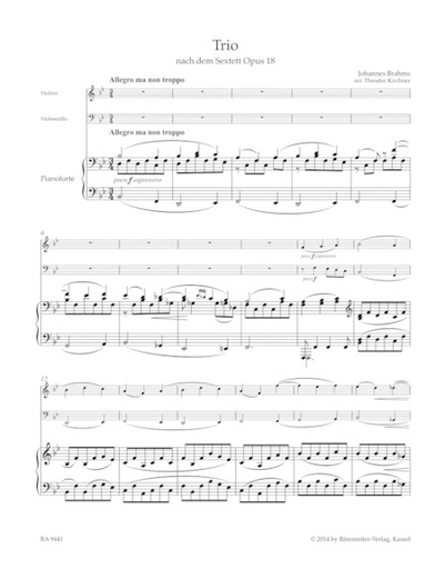 Brahms, Johannes: Trio for violin, cello & piano after the Sextet in Bb, Op. 18, Barenreiter