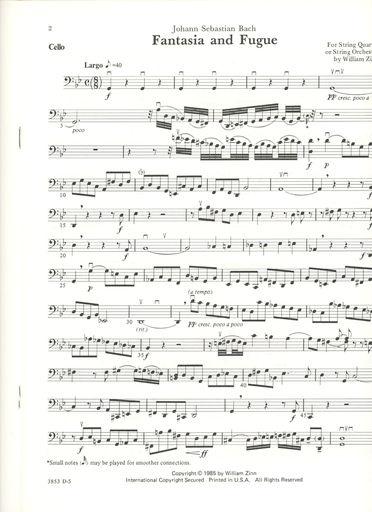 Bach, J.S. (Zinn): Fantasia and Fugue in c minor transcribed for string quartet