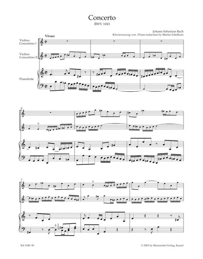 Bach, J.S.: Concerto in D minor, BWV1043 urtext (2 violins, and piano) Barenreiter