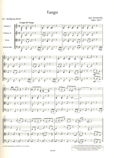 Stravinsky, Igor: Tango (String Quartet) score and parts
