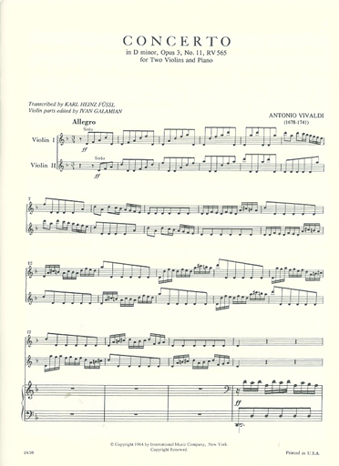 Vivaldi : Concerto in d minor F.I.#11 (2 violins & piano) IMC
