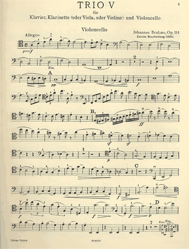 Brahms: Trio Op.114 in a minor (clarinet, cello, piano) or (viola, cello, piano) or (violin, cello, piano)