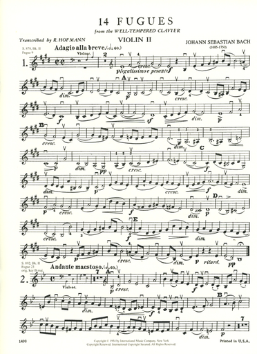 Bach, J.S.: 14 Fugues from the Well-Tempered Clavier, Volume I  For string quartet (set of parts)