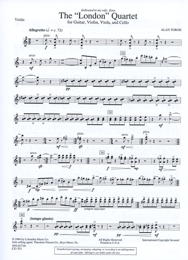 Torok, Alan: London Quartet (guitar, violin, viola, cello) score and parts