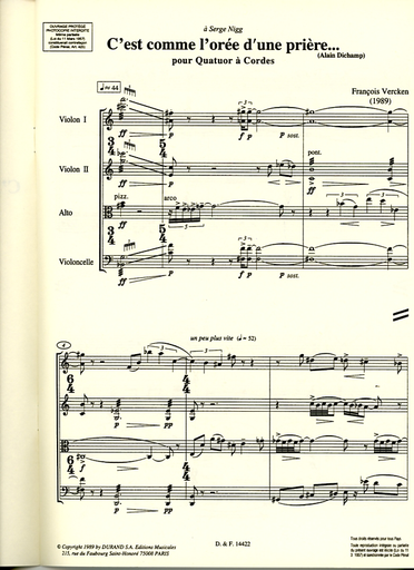 Vercken, Francois: String Quartet C'est Comme L'Oree d'une Priere (score and parts)