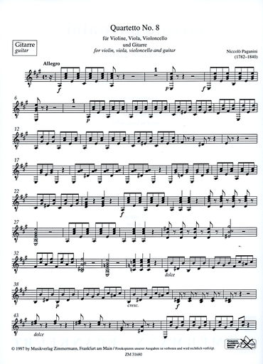 Paganini, Niccolo: Quartet No. 8 in A Major (violin, viola, cello, guitar) score and parts